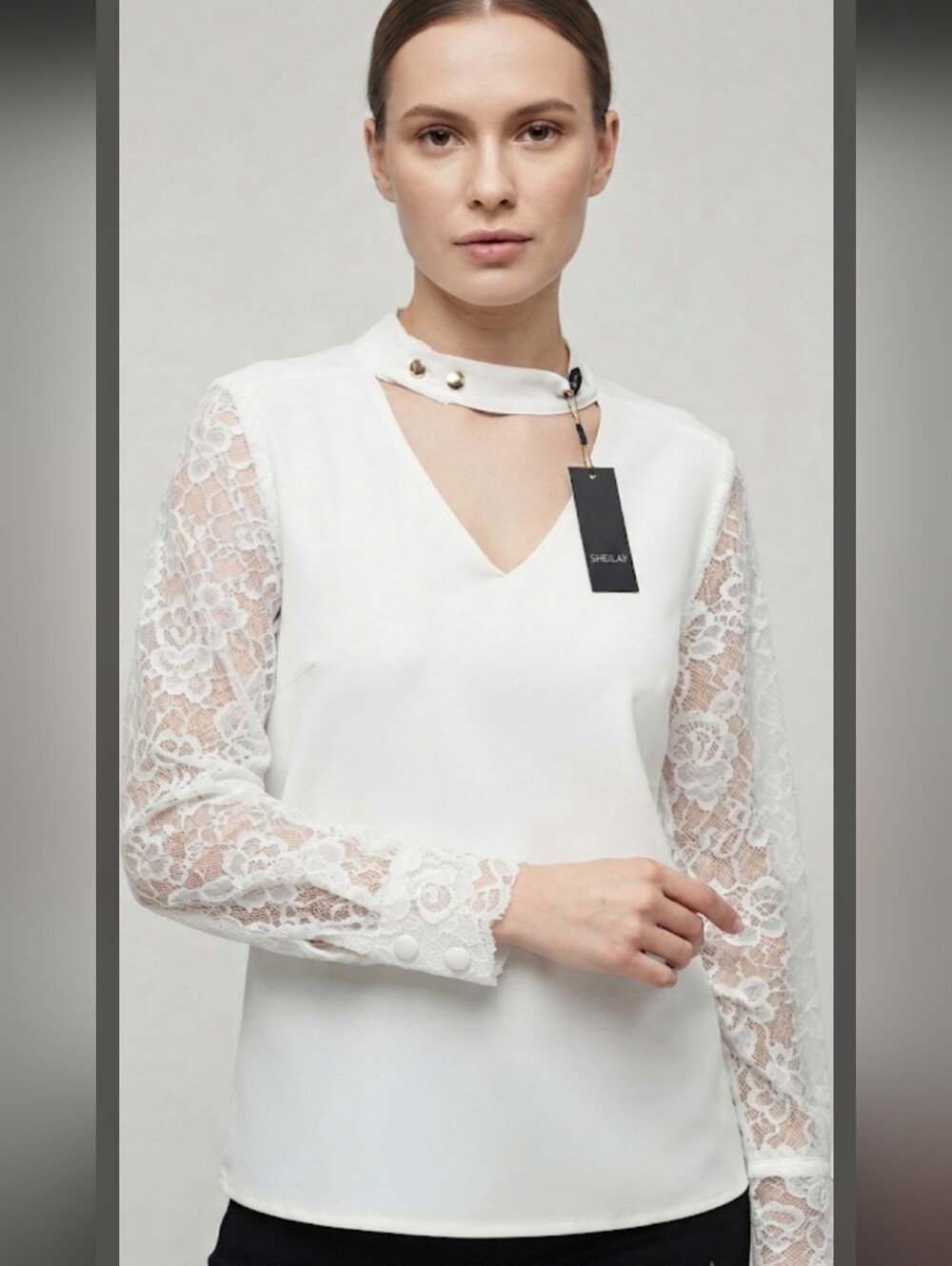 Elegant Women’s Long-Sleeve Lace Blouse with Stand Collar & Detailed Cuffs